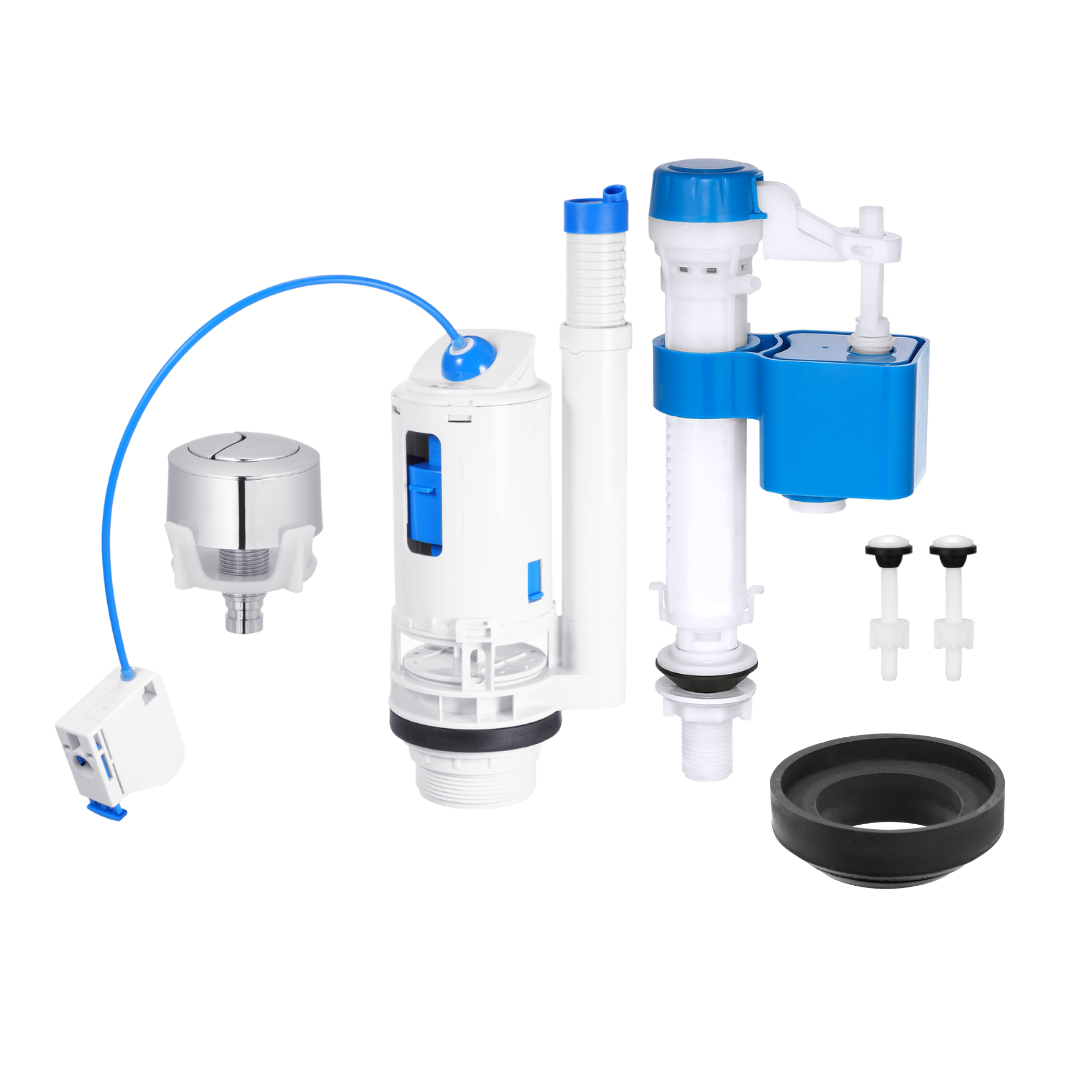 Bottom entry fill valve and cable dual flush valve repair kit for two piece toilet