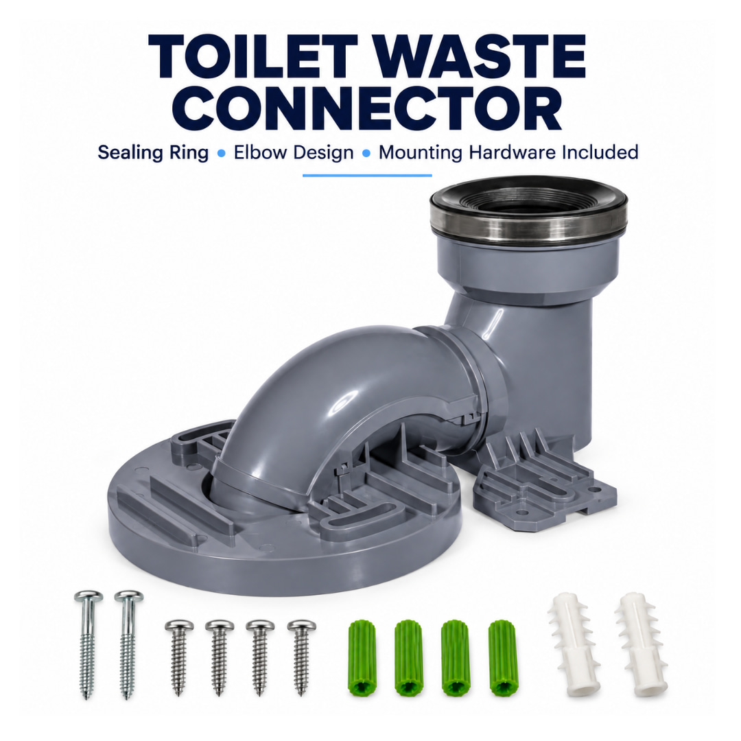 T3303 offset toilet waste connector with a black sealing ring, mounting bases, screws and fixing plugs
