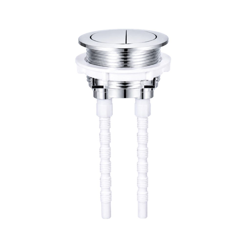 Chrome dual flush cistern button with a flat face, straight centre divider and twin push rods.